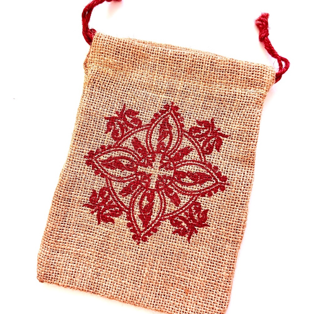 VINTAGE Red Patterned Burlap Drawstring Bag - image 1